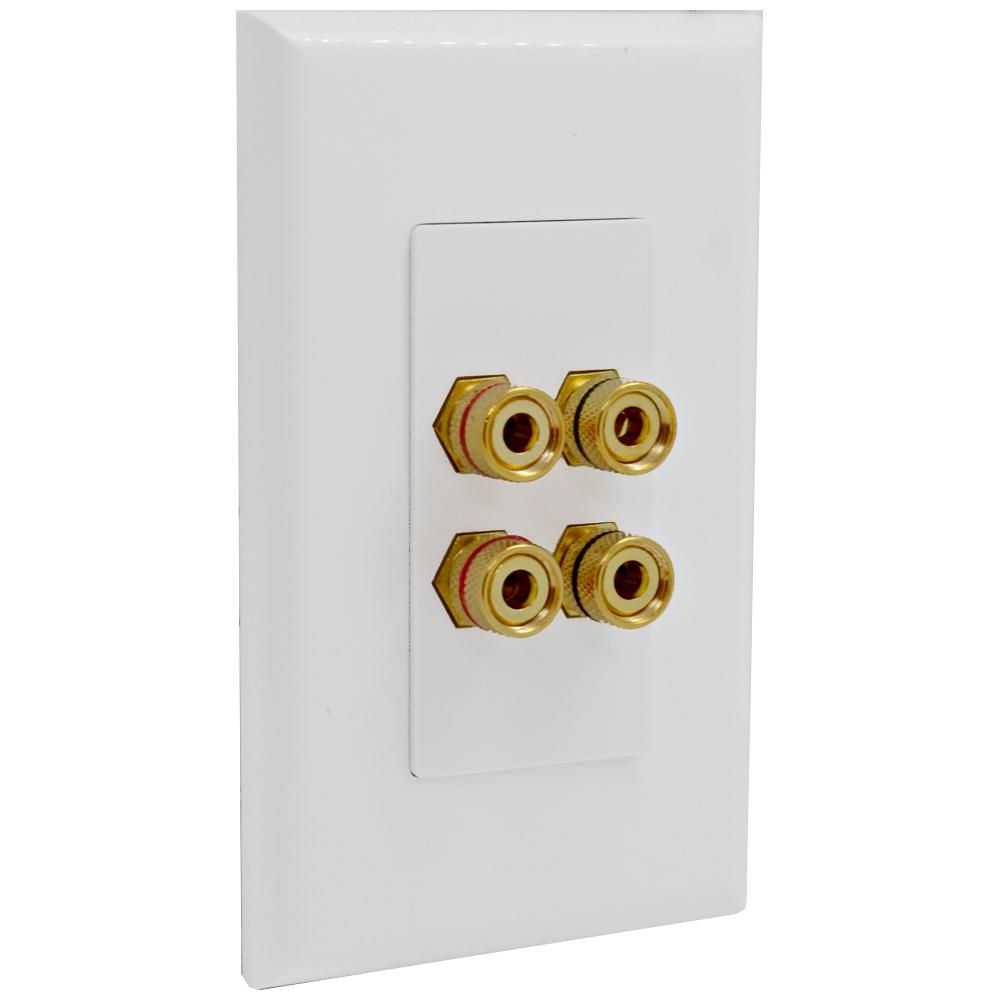 2-Pack White Speaker Wall Face Plates With Gold Banana Posts | Includes Screws & Solder For AV Audio Installation