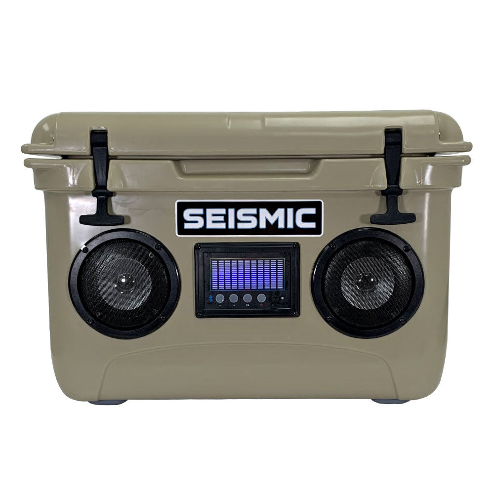 Tan 37 Quart Hard Cooler with Bluetooth Speakers | Seismic Audio